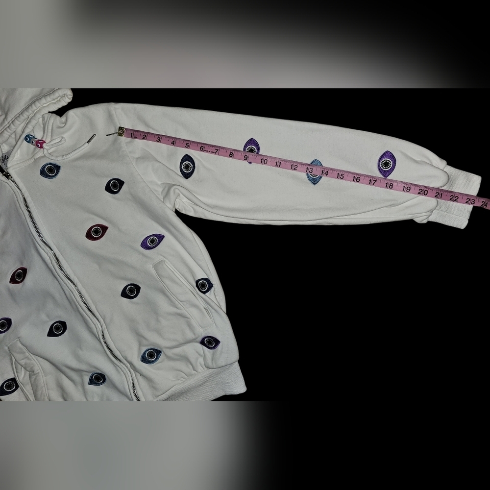 Lola + The Boys Evil Eye Hoodie Womens White Beaded Embroidered Zip Sz M - Picture 8 of 16